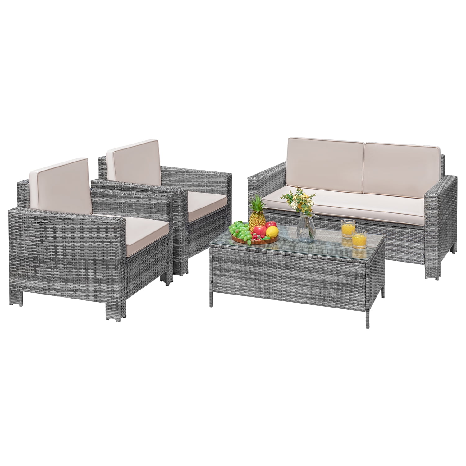 Devoko 4 Pieces Patio Conversation Set PE Rattan Wicker Furniture Sofa Set Outdoor Indoor Furniture Set, Gray