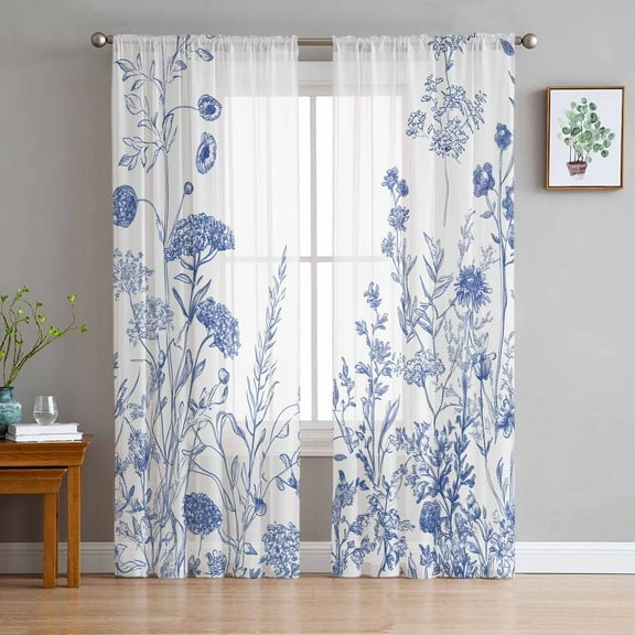 Blue White Spring Floral Sheer Curtains 84 Inches Long 2 Panels Set, Window Sheer Curtains for Living Room/Bedroom, Summer Flowers Farmhouse Light Filtering Rod Pocket Curtain 52'' x 84'' x 2