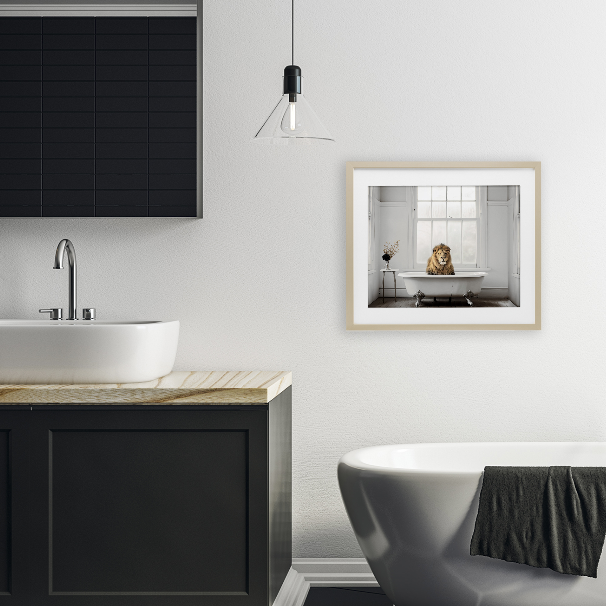Minimalist Lion Bathtime Birch Framed Print Under Glass, design by Sasha