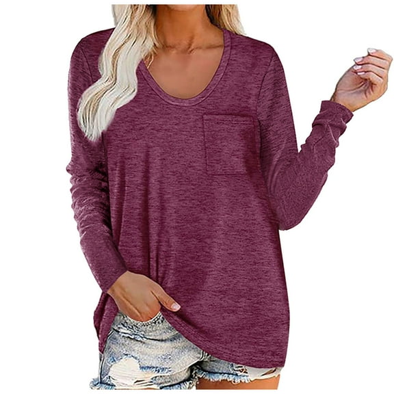 Womens Long Sleeve Tops Solid Color Casual Basic T Shirts Chest Pocketed Loose Fit Tunic Tees Tops Comfy Blouses Womens Clothes