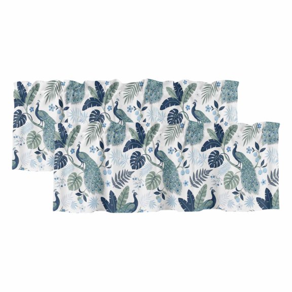 Tropical Botanical Curtain Valances for Windows, Kitchen Valance Window Treatments Panel 2 Pack, Summer Palm Leaves Peacock Blue Green Rod Pocket Short Curtains for Bathroom Bedroom 54 x 18 Inch