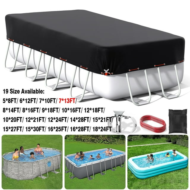 SHELTUSE 7x13FT Rectangular Pool Cover for Above Ground Pool, Solar Oval Pool Cover Protection with Steel Rope, Ideal for Rectangular/Oval Frame Pool Waterproof & UV-Resistant, Black