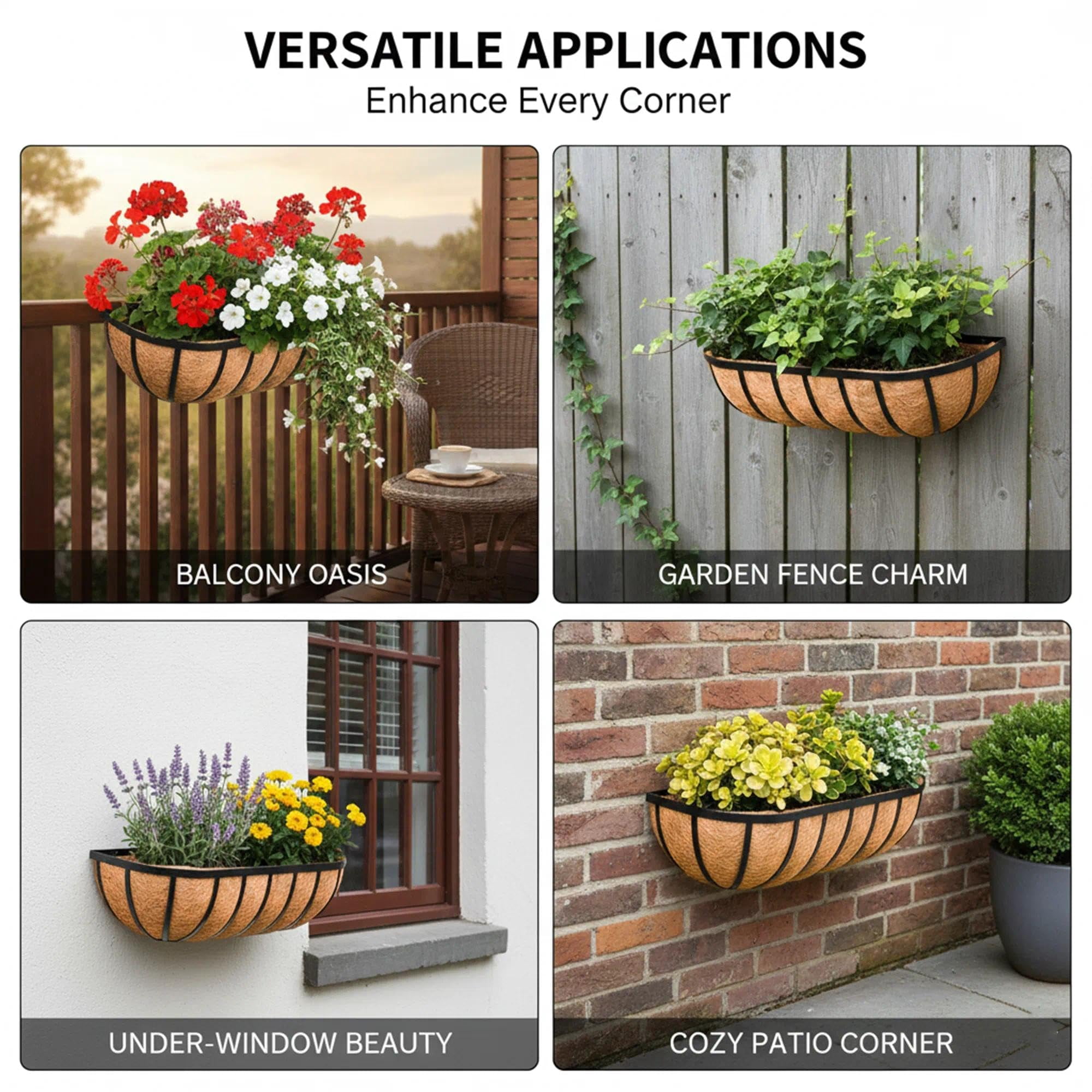 2 16 Inch Metal Wall-mounted Window Box with Coco Liner Outdoor Deck Balcony Porch Planter