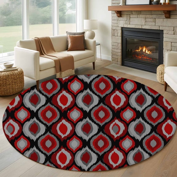 Round Area Rugs Collection 5 Ft, Red Black Geometric Non-Slip Residential Carpet, Abstract Art Diamond Modern Indoor Crawling Mats Runner Rugs for Living Room/Dining Room/Bedroom