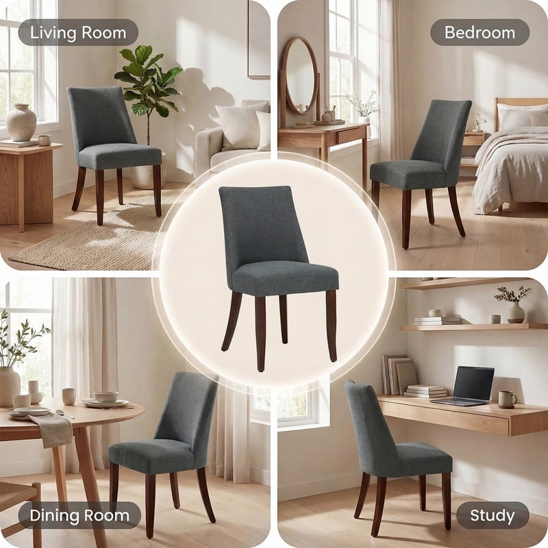 COLAMY Upholstered Dining Chairs Set of 2, Mid Century Modern Fabric Kitchen Chairs with 19.88" Seat Height and Wood Legs, Comfy Side Chairs, Dark Grey