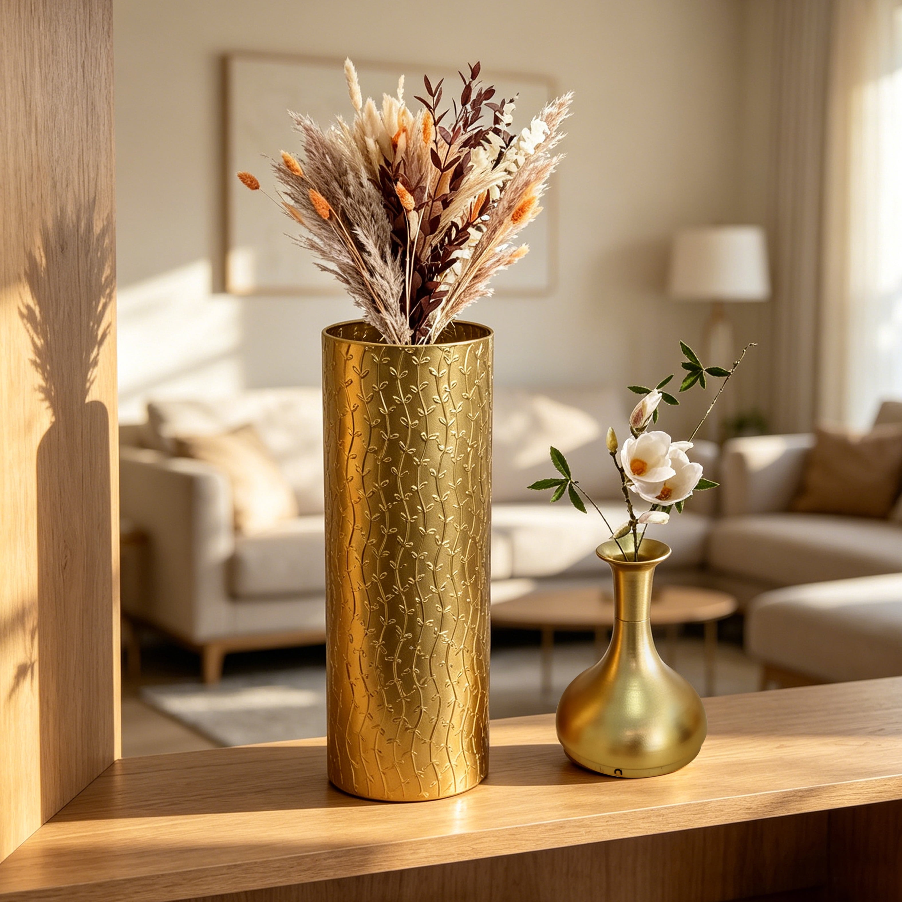 Metal Floor Vases Set of 3 with Leaf Pattern, Tall Decorative Vases and Home Decor Accents for Living Room Entryway, Gold