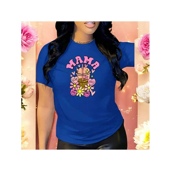 Playera Blusa Mujer Mama, Love You, XOXO, Be Mine Diseño Original con Frases y Bebida Estilo Cute Color Azul Talla Extra Grande Marca Emil SaEs