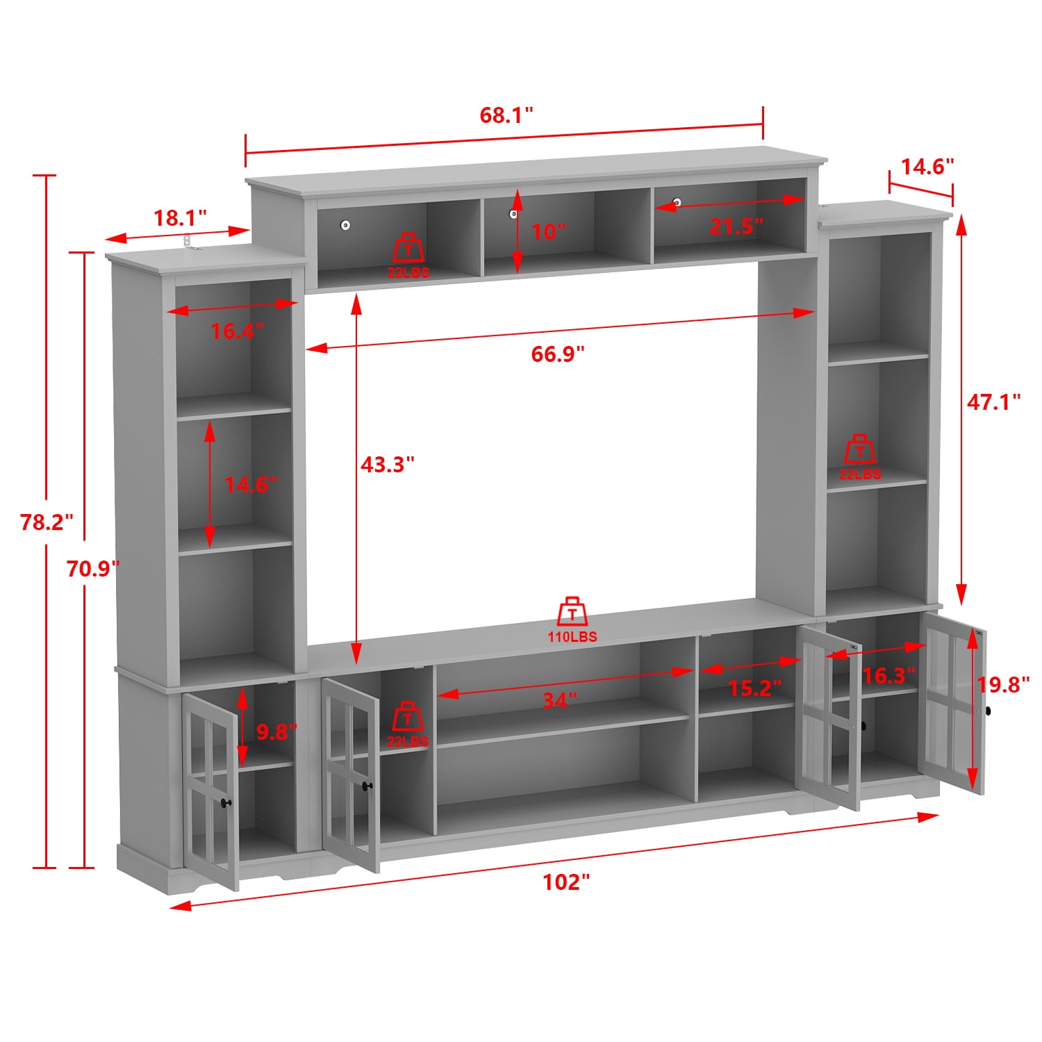 KULAGAGA Entertainment Center withHutch, Media Center with Storage and Glass Door for Living Room,Gray