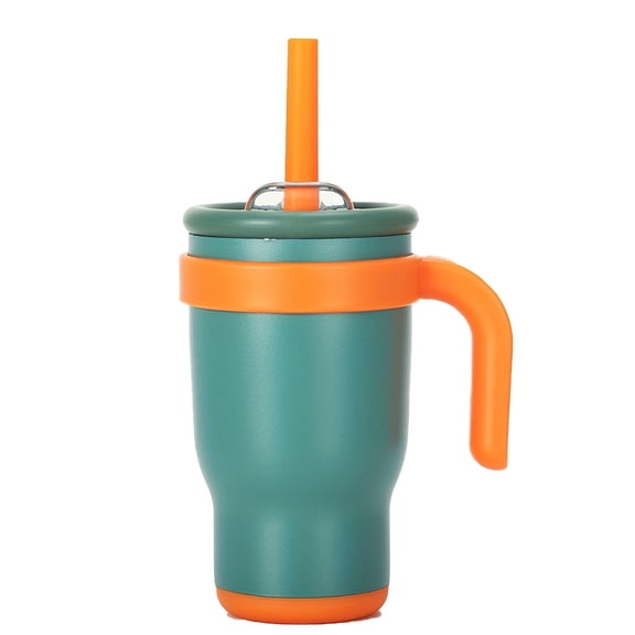 14oz Tumbler with Handle, Insulated Water Bottle with Straw And 2in 1 Lid, Stainless Steel Cup Travel Coffee Mug for Sports Office Gym Kitchen-Bamboo Green