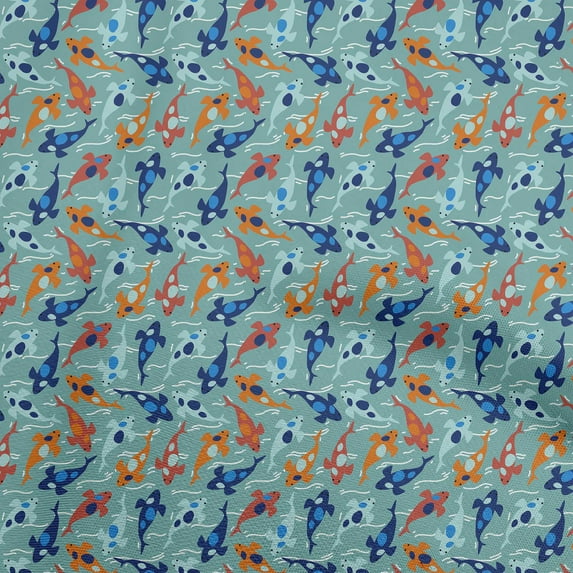 oneOone Cotton Cambric Dusty Teal Green Fabric Asian Japanese Koi Fish Quilting Supplies Print Sewing Fabric By The Yard 42 Inch Wide