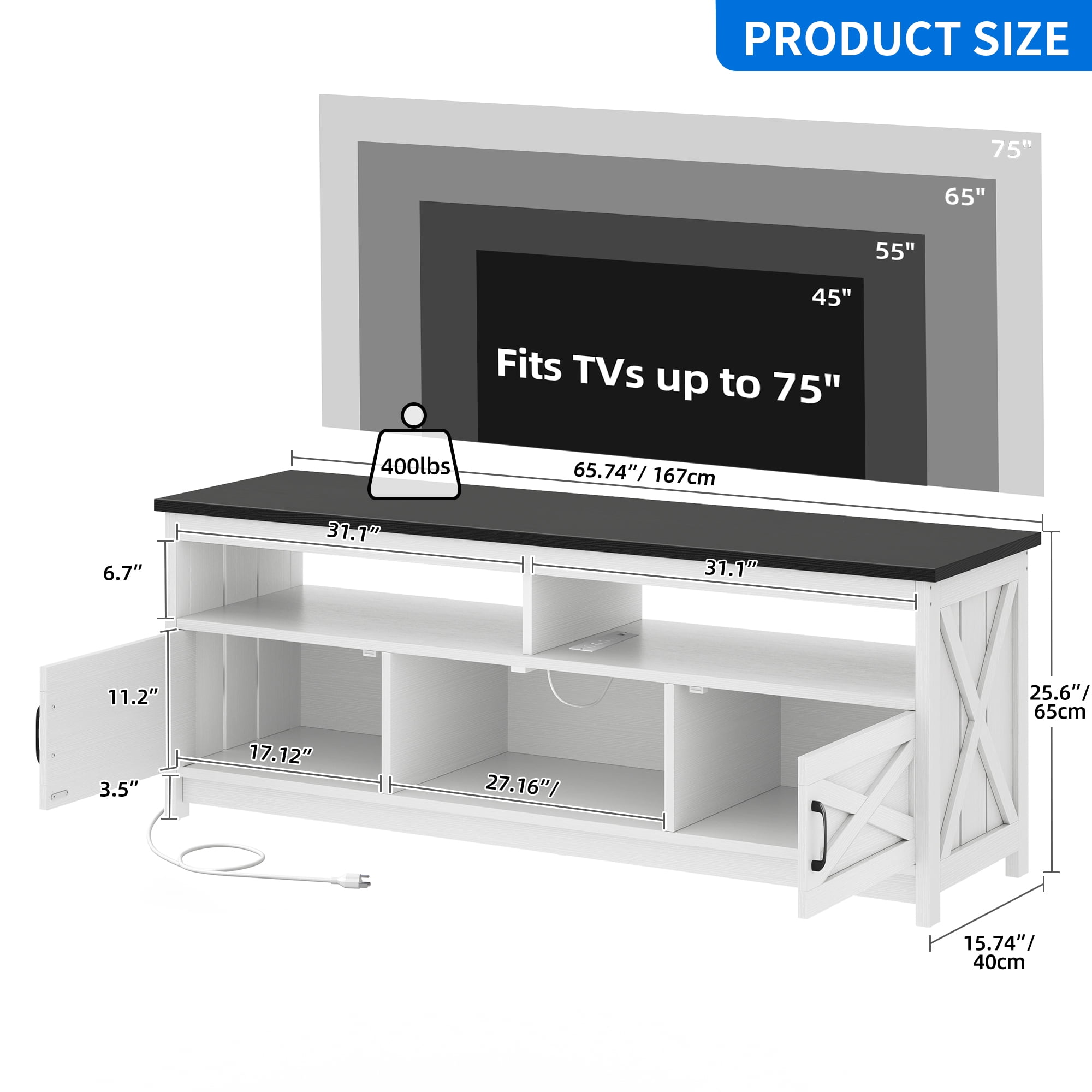 Uforic Farmhouse LED TV Stand with Power Outlet, Media Entertainment Center Console for 75 Inch TV, Black and White