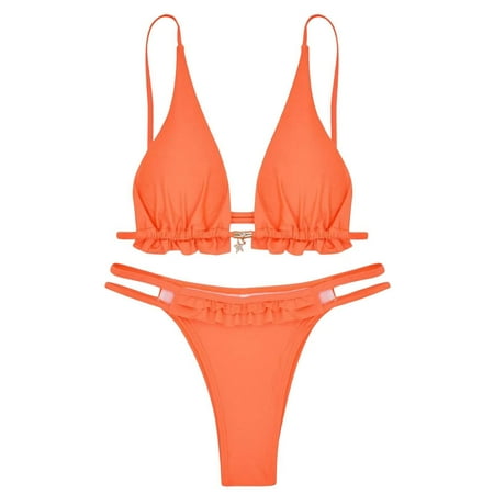 JIANJIA Womens Swimsuits Solid Color Sexy Spaghetti Strap Brassiere With Thongs Swimsuit Two Piece Bikinis Swimwears Bathing Suits Orange S