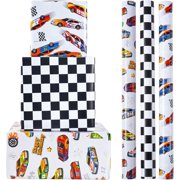 Race Car Wrapping Paper Rolls - Birthday Wrapping Paper for Kids Boys Autodrome Set Perfect for Party, Celebrating, Baby Boy Present Packing– 3 Rolls - 17 Inch X 120 Inch Per Roll
