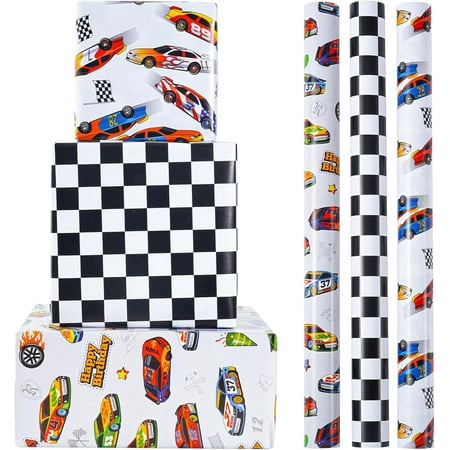 Race Car Wrapping Paper Rolls - Birthday Wrapping Paper for Kids Boys Autodrome Set Perfect for Party, Celebrating, Baby Boy Present Packing– 3 Rolls - 17 Inch X 120 Inch Per Roll