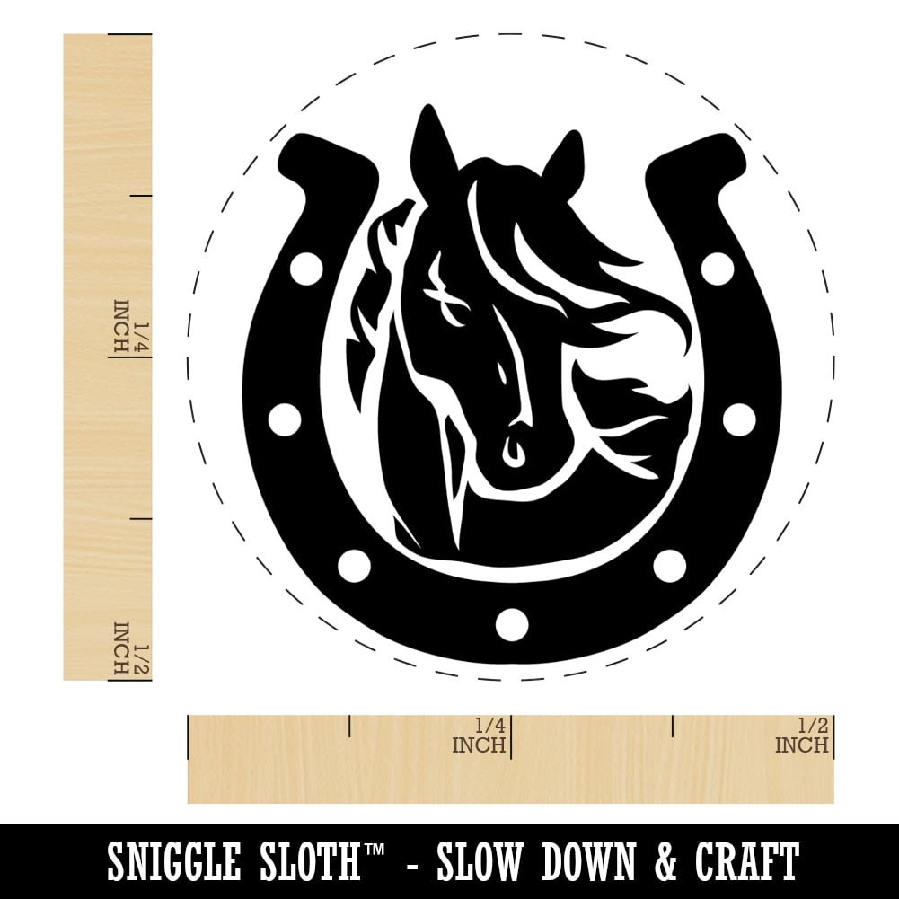 Horse in Horseshoe Self-Inking Rubber Stamp Ink Stamper - Blue Ink - Mini 1/2 Inch