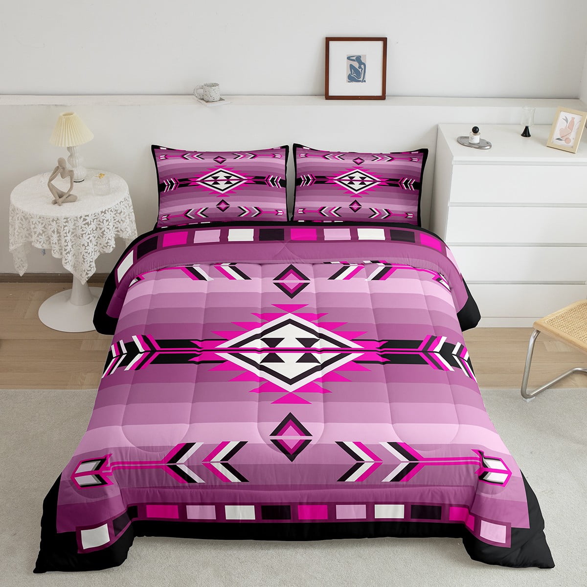 Western Aztec Quilt Set Pink Black Boho Comforter Set King Adults Women,American Southwestern Bedding Sets Exotic Tribal Geometric Bed Set 3 Pcs