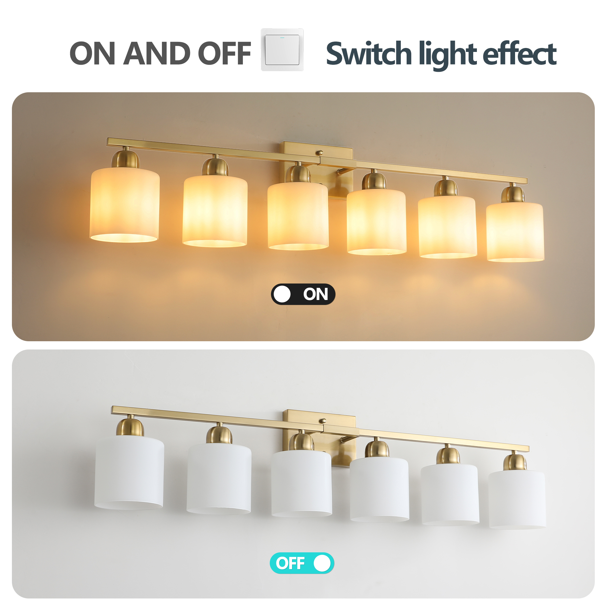 Leumius 6-Light Bathroom Vanity Light Fixture, Modern Vanity Light Over Mirror, Wall Sconces with Milky White Frosted Glass Shades for Mirror, Bathroom, Bedroom and Hallway Gold (No Bulbs)