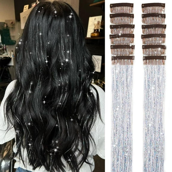 Hair Tinsel Pack of 12 Pcs Clip in Hair Tinsel Kit, 20 Inch Glitter Silver Tinsel Hair Extensions, Festival Tinsel Fairy Hair Party Dazzle Hair Accessories Strands Kit (20 Inch 12Pcs,Silver#)