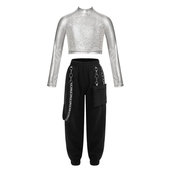 Yeahdor Ensemble de Danse Hip-Hop 2 Pcs pour Filles Enfants Hauts Courts Brillants avec Chaîne et Poche Pantalon de Survêtement Costume Argent 10