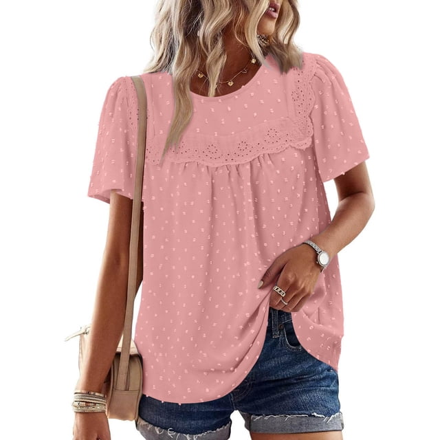 Liquidation d'Économies! Hauts Grande Taille pour Femmes, Blouse à Manches Courtes d'Été pour Femmes, Mode Décontractée à Manches Courtes Col Rond Uni Pliable Blouse pour Dames