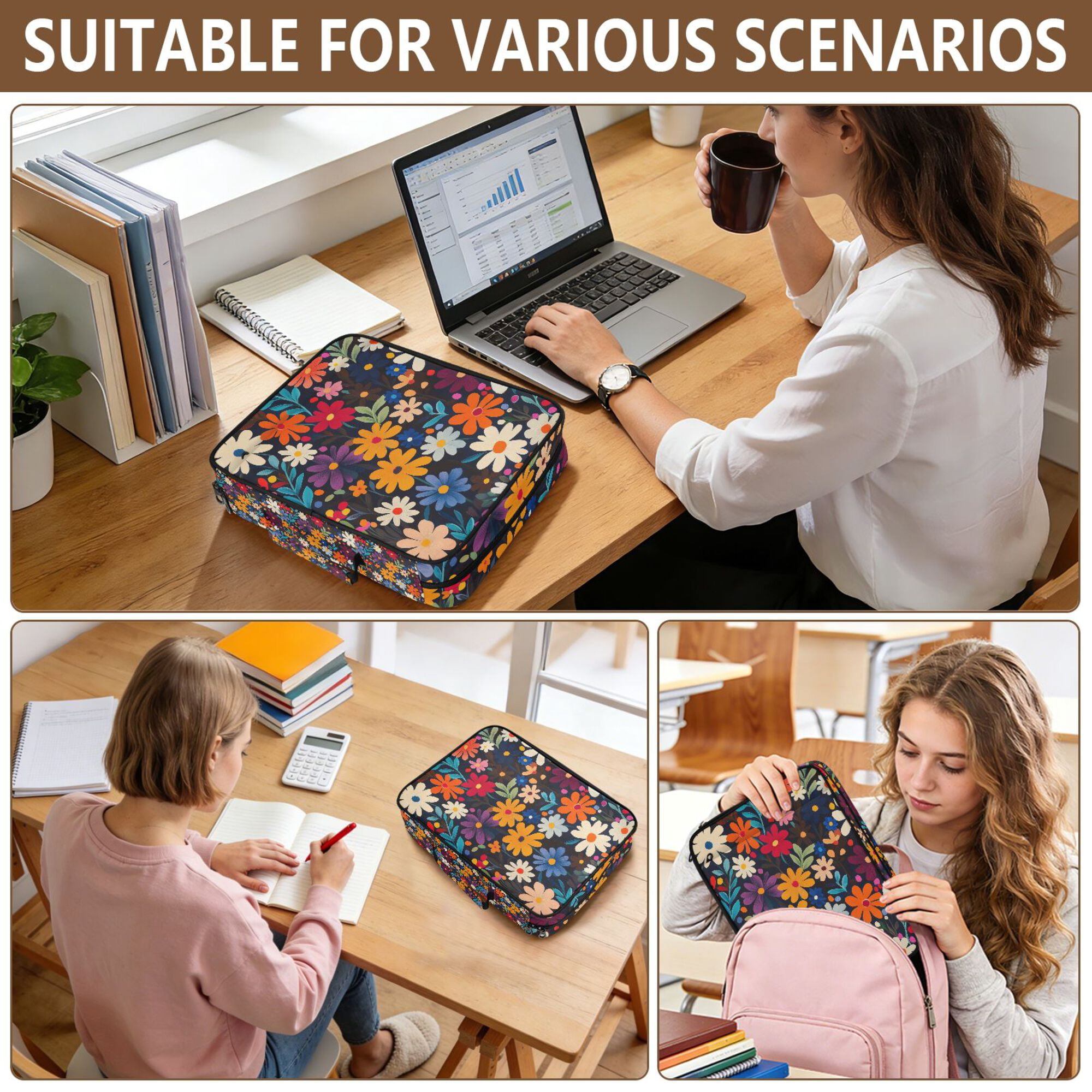 FORMRS Accordion File Folder A4 Size 7-Pocket Expanding Document Organizer Bag with 3 Ring Binder, Bright Colorful Flowers Pattern