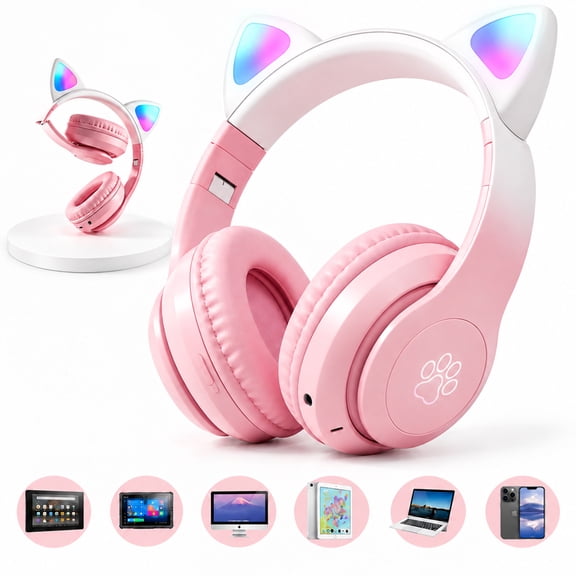 Cat Ear Wireless Headphones for Kids & Adults, Cat Ear Bluetooth Headphones with Mic & LED Light Up, Foldable Headset for Mobile Laptop PC Tablet, Pink