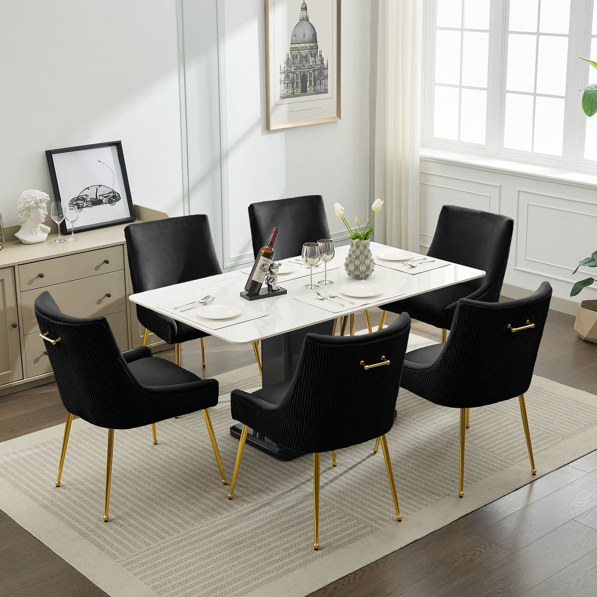 Velvet Dining Chairs Set of 2 with Gold Legs, Upholstered Accent Chairs, Pleated Back & Gold Pull Handle, Mid-Century Modern for Dining Room, Kitchen, Living Room, Black