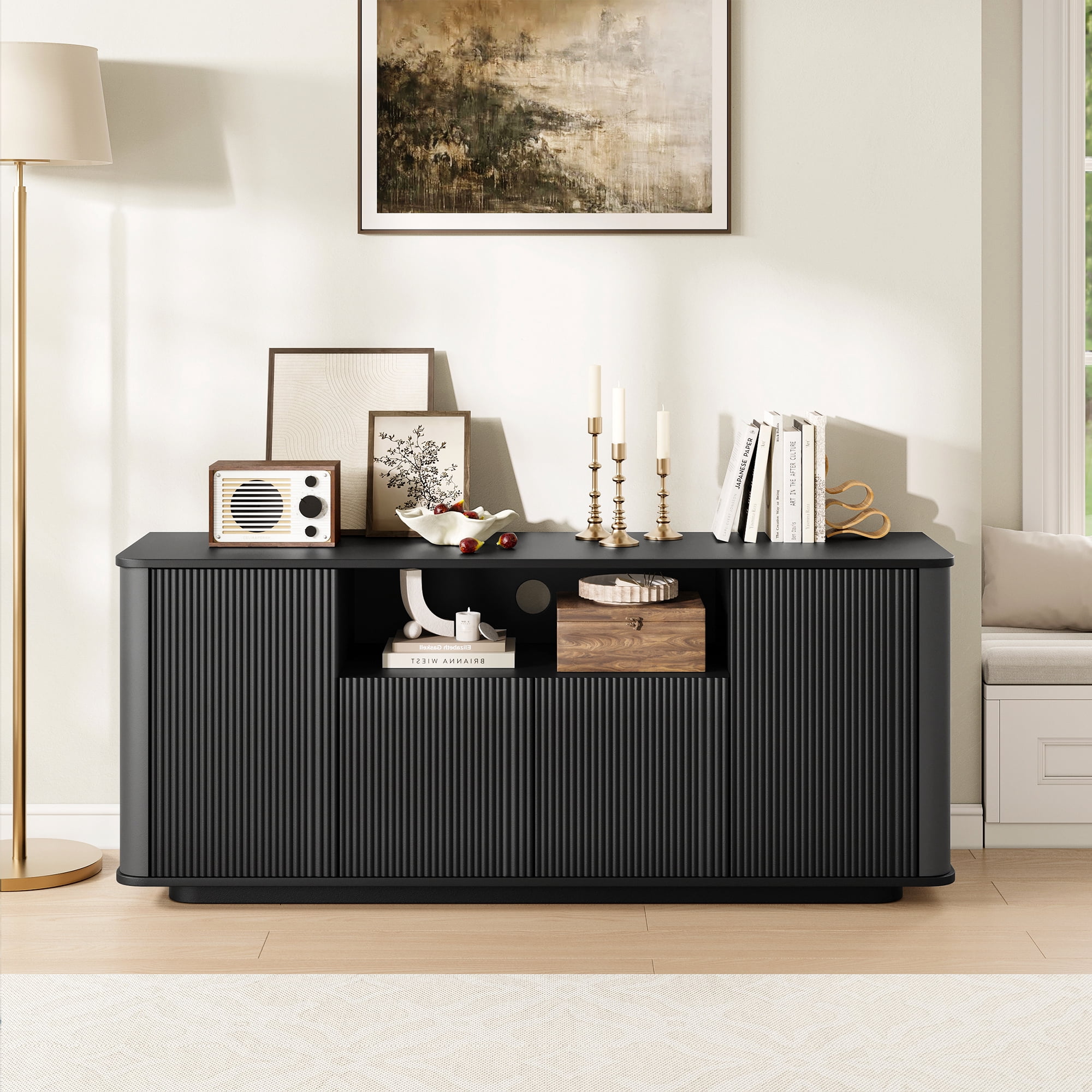 MARNUR Fluted TV Stand for TVs up to 65", 55" Modern Media Console with 3-Sided Fluted Design, Push-to-Open Doors for Living Room, Black
