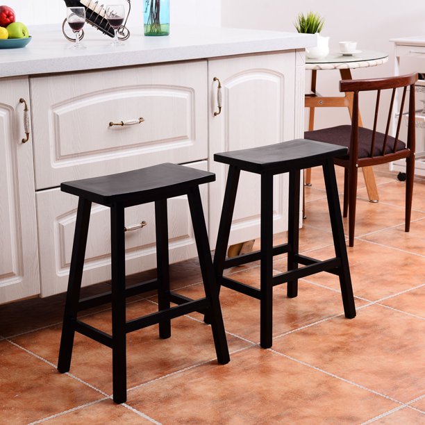Goplus Set of 2 Saddle Seat 24'' Bar Stools Wood Bistro Dining Kitchen