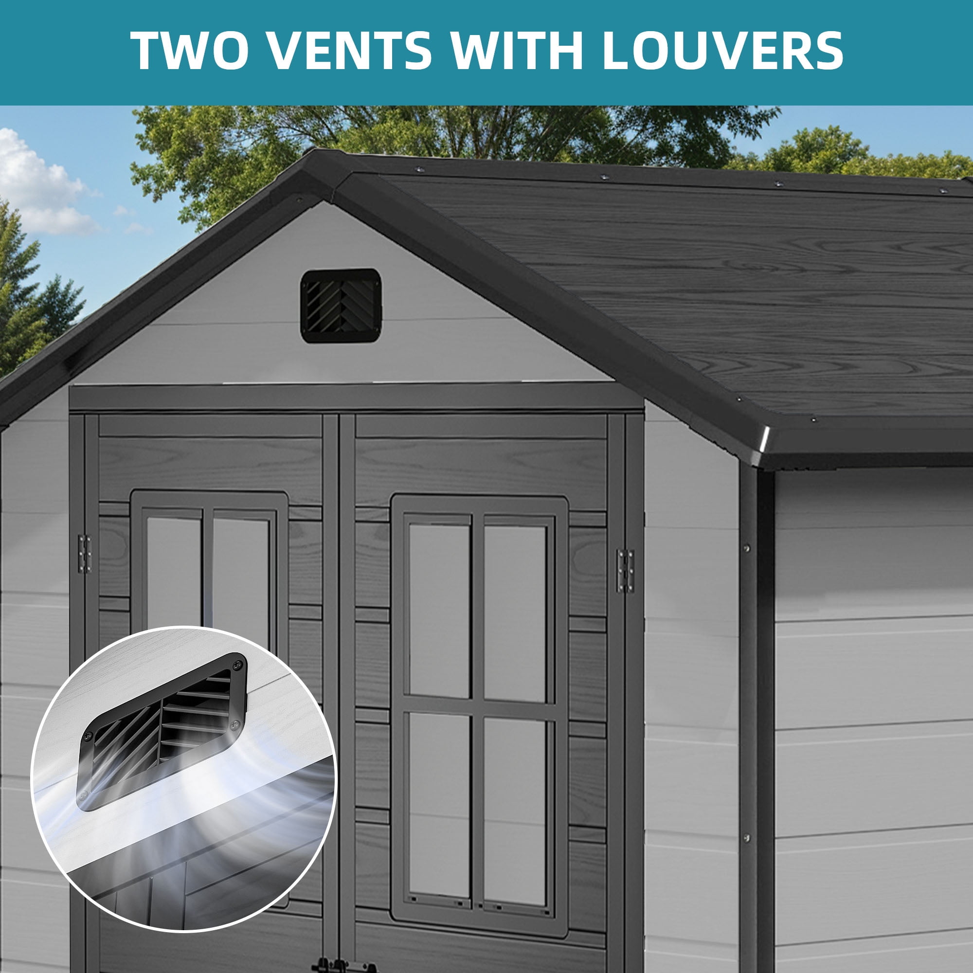 Uforic 6x4.4 FT Double-Wall Resin Outdoor Storage Shed, Plastic Garden Tool Shed with 2 Windows & Lockable Door, Waterproof Storage House for Lawn Mower, Backyard Patio Lawn, Black & Gray