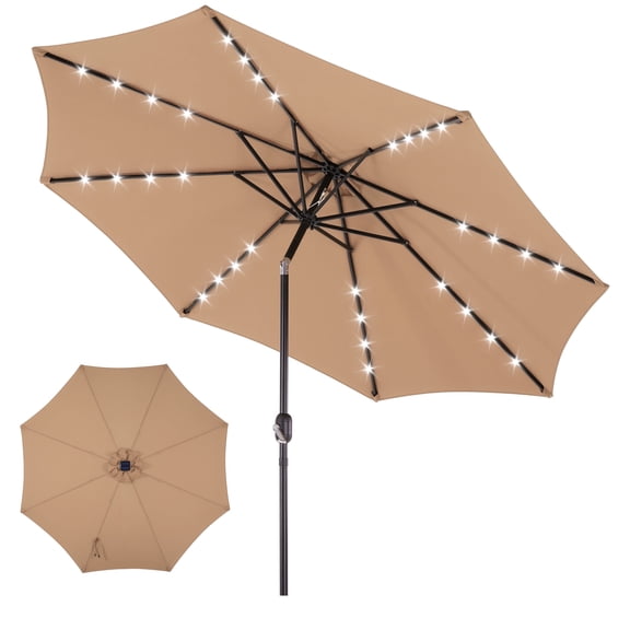 EDX 10 ft Outdoor Patio Umbrella with Solar LED Lights, Weather‑Resistant Camping & Yard Umbrella with Push‑Button Tilt, 8‑Rib Patio Umbrella for Sunny Outdoor Use,Brown