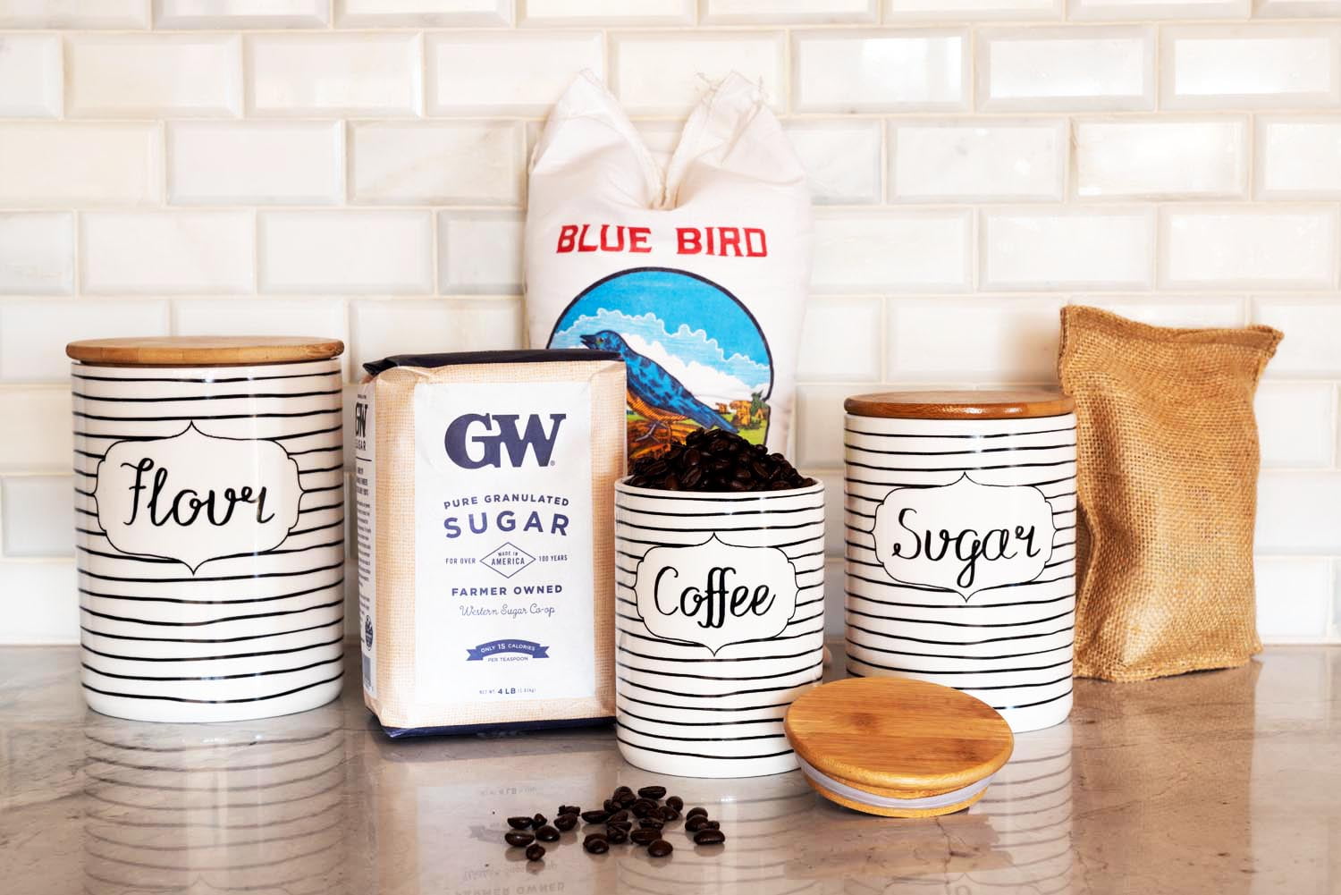 10 Strawberry Street Everyday 3 Piece Ceramic Canister Set, White/Black