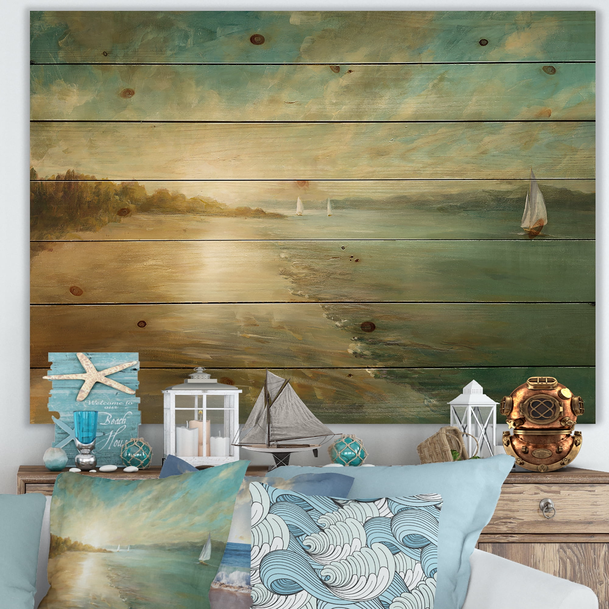 Designart 'Coastal Pastel Horizon' Nautical & Coastal Print on Natural Pine Wood