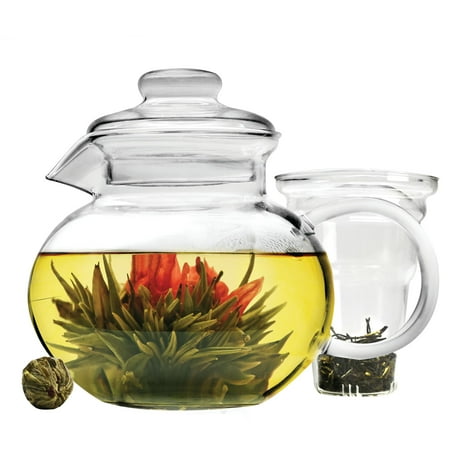 Glass Teapot With Bamboo Stand Primula Blossom 40 oz. Temperature Safe Glass Teapot with Glass Loose Leaf Tea Infuser and 1 Tea Flower ()