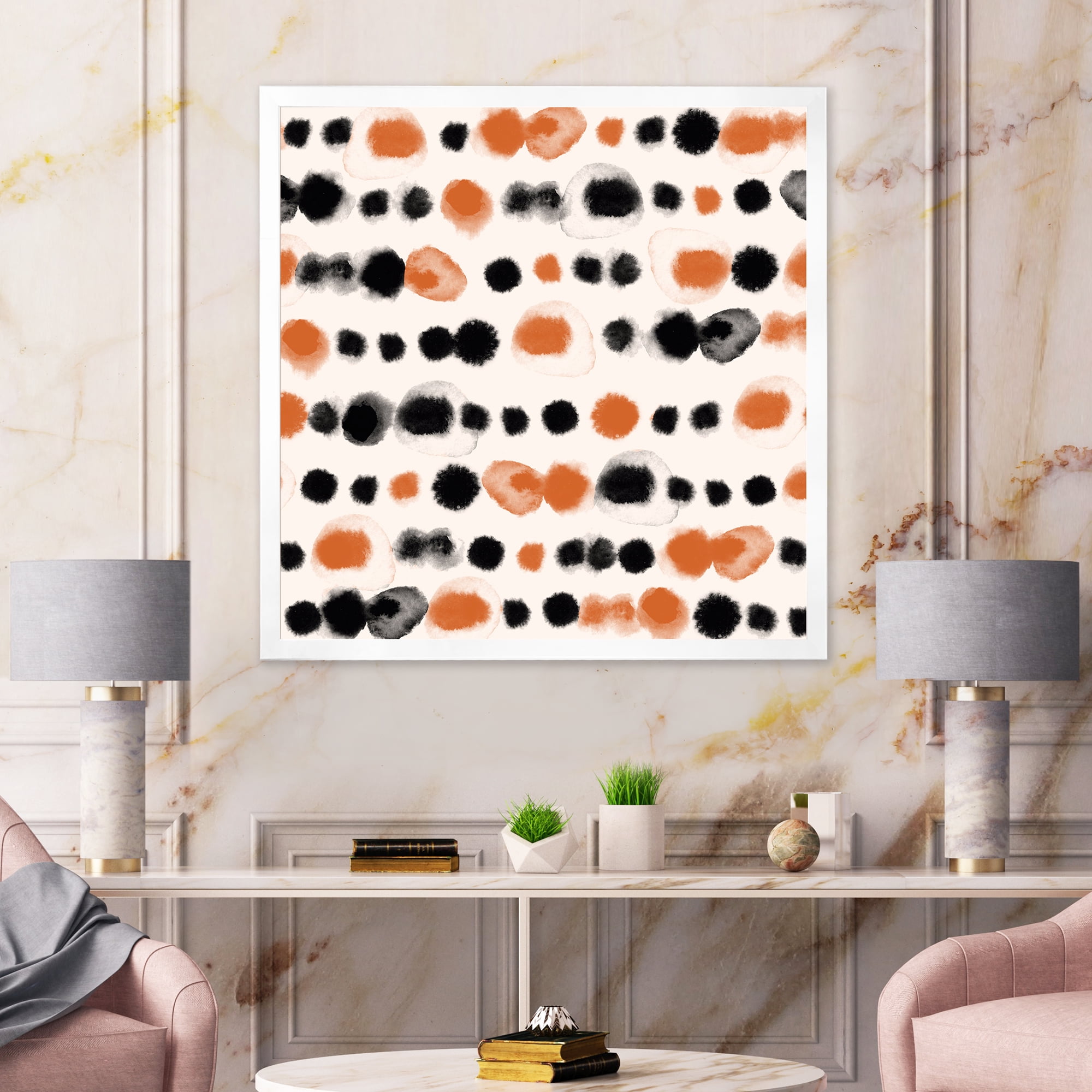 Designart 'Orange and Black Polka Dots' Modern Framed Art Print
