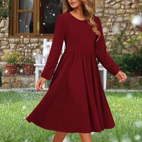 Plaid Dresses for Women Women's Flowy Midi Dress - Long Sleeve High Waist Midi Dresses for Casual Holiday Wine L