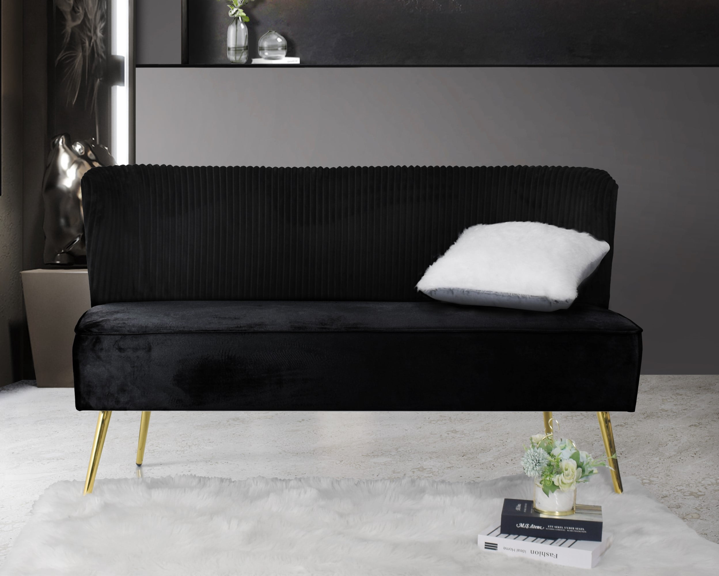 Home Design Hestie 3-Piece Velvet Living Room Set with Side Chair, Loveseat, and Sofa, Modern Curved Backrest Design, Black