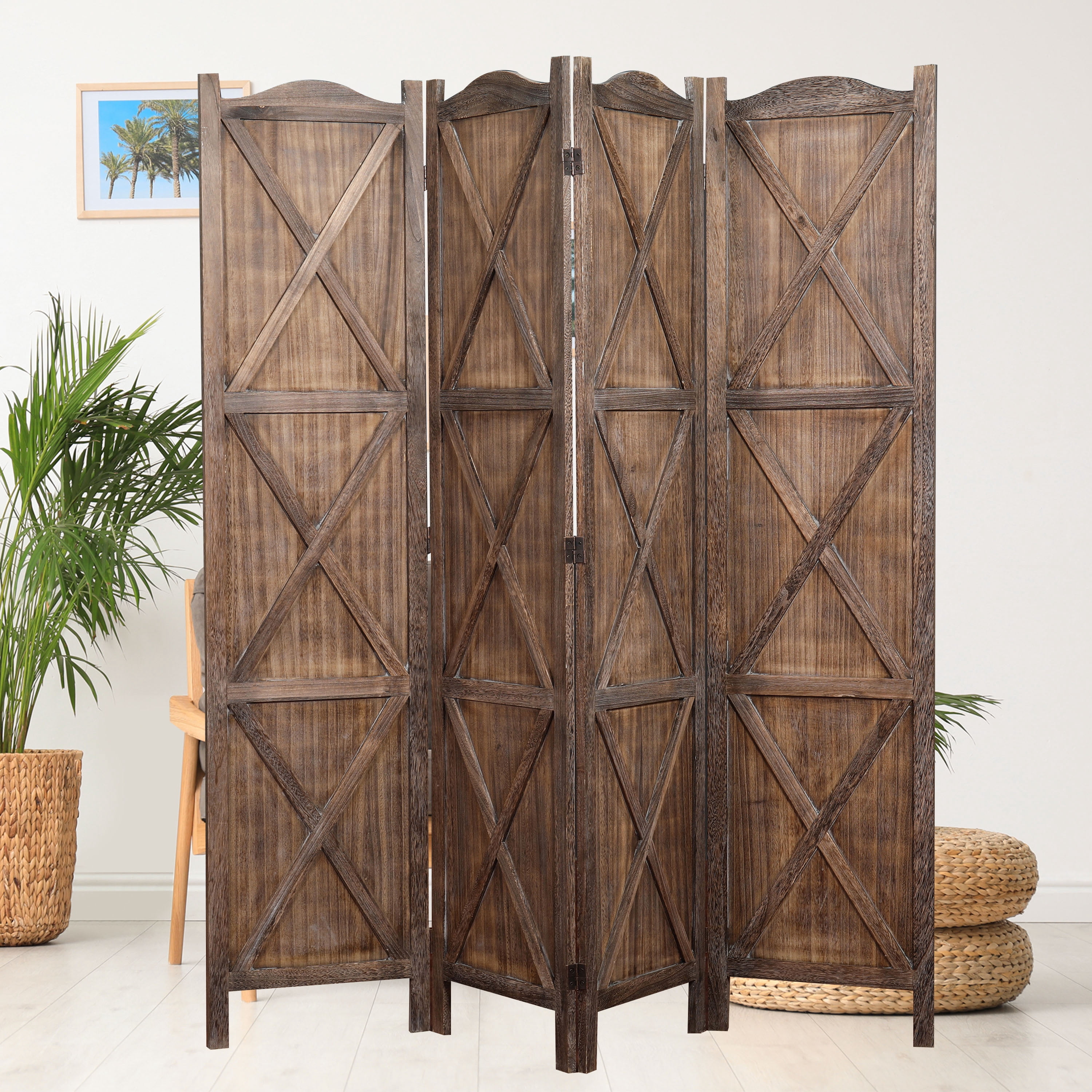 Proman Products Rancho Barn 4 Panel Room Divider FS17192, Folding Screen, Privacy Screen, Room Partition, Paulownia Wood, (Max Extend) 61" W x 0.75" D x 67" H, Rustic Brown