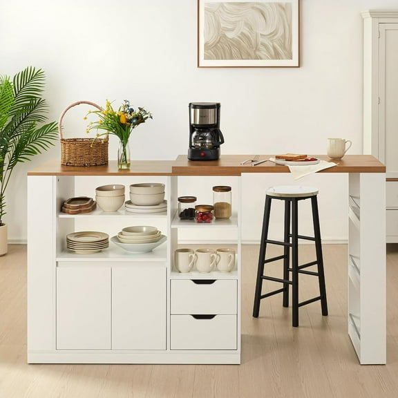 RoyalCraft Kitchen Island with Storage, Extendable & Rotatable Kitchen Prep Table with 3 Side Shelves and 2 Drawers, Coffee Bar Table, Wood Buffet Sideboard Cabinet for Dining Room, White