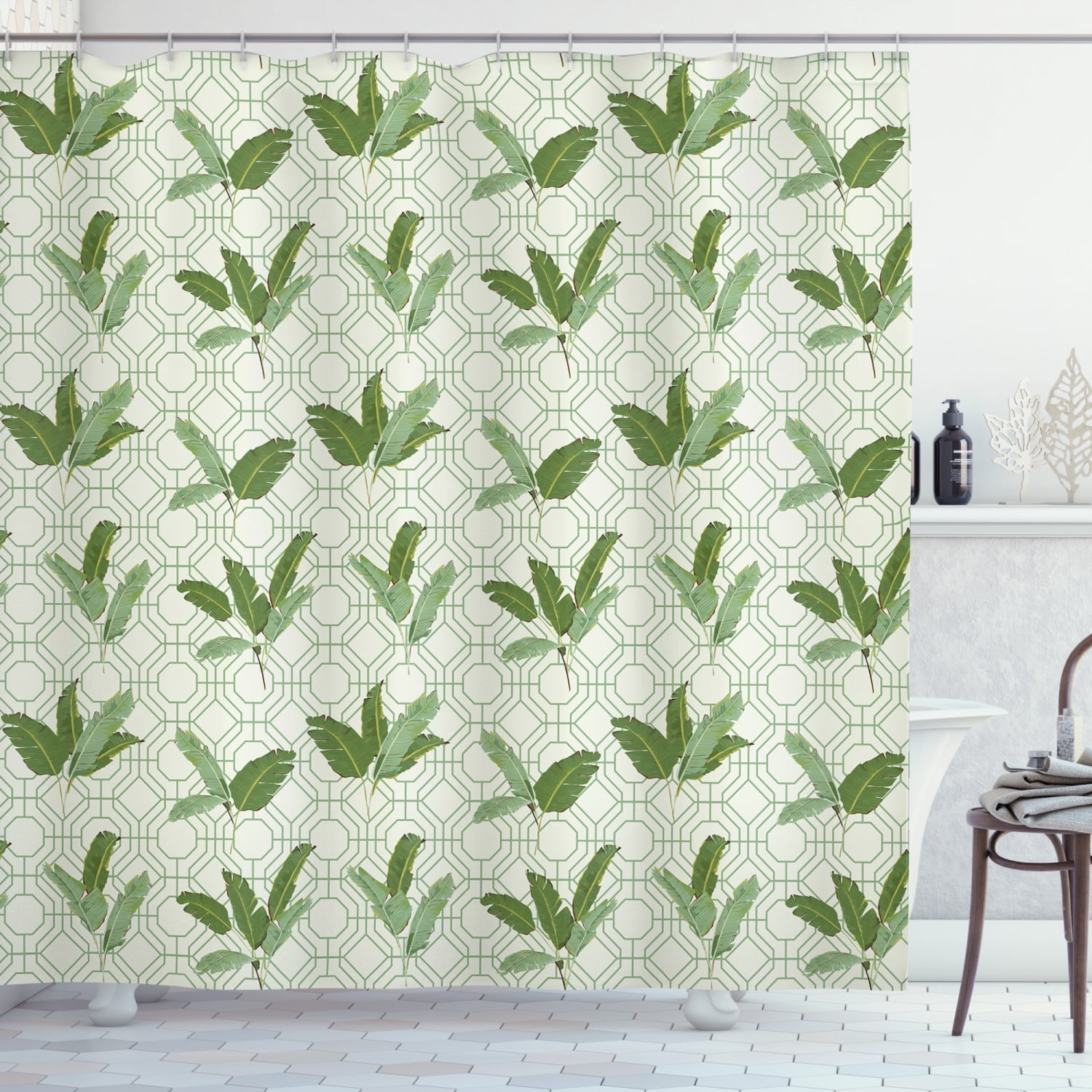 Botany Shower Curtain, Large Evergreen Palm Leaves on Retro Hexagonal