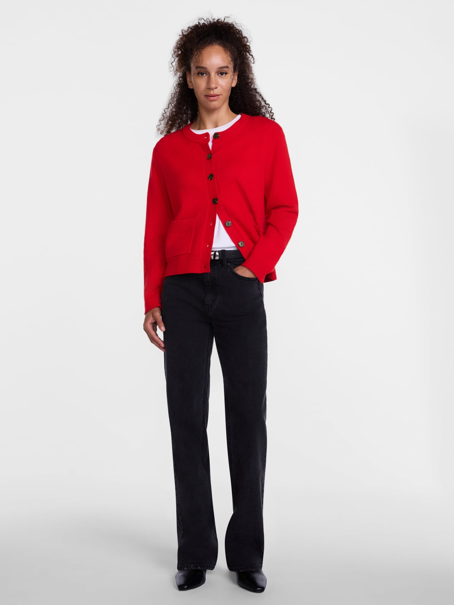 Scenario Women's Crewneck Cardigan with Patch Pockets, Lightweight, Sizes XS-XXXL