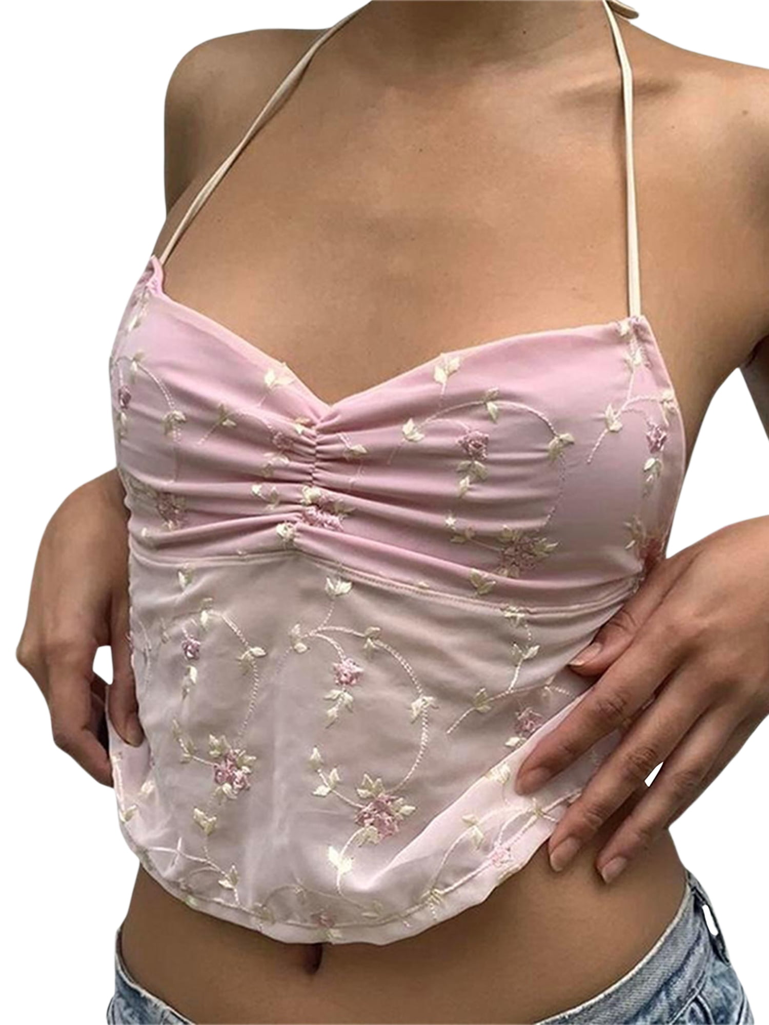 Hirigin Women Y2k Halter Neck Crop Top Lace Trim Backless Cami Top Sexy Tie  Up Spaghetti Strap Camisole Vintage Fairy Summer