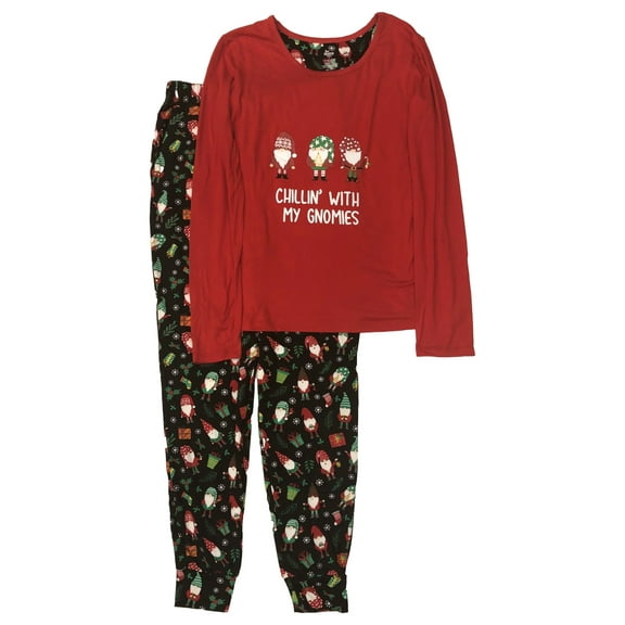 Womens Red Santa Gnomes Christmas Holiday Pajamas Soft Knit Sleep Set Medium