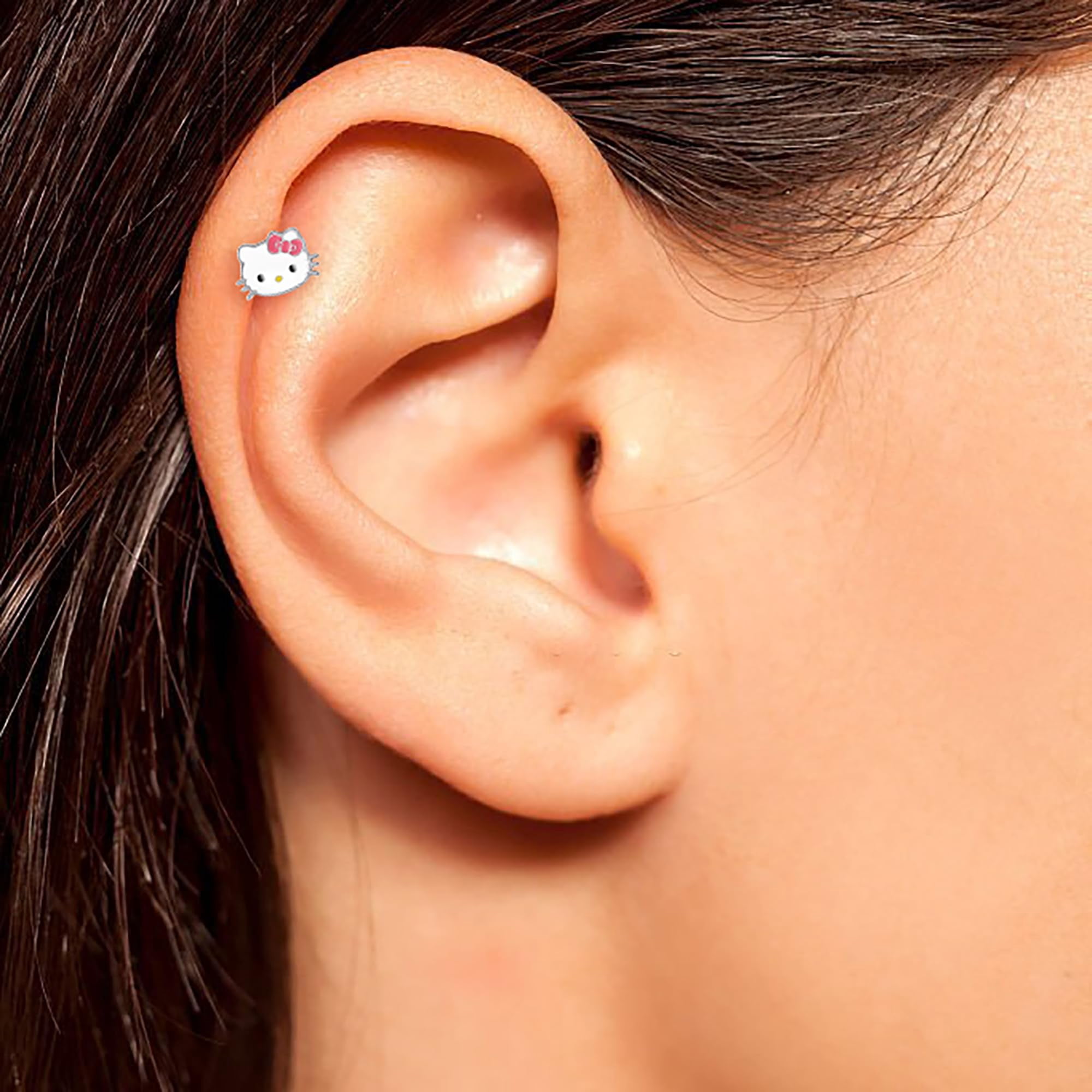 Hello Kitty Sanrio Womens Cartilage Stud/Helix Stud, Stainless Steel Piercing Element with Brass Charm, Official License
