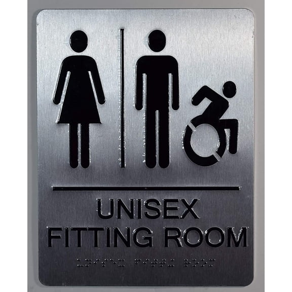 Unisex accessible Fitting Room Sign with Tactile Text and Braille Sign -(Aluminium, Brush Silver,Size 6X9) The Sensation line(ref-2022-4)