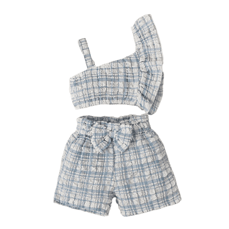 

Mikrdoo Baby Girls Summer Clothes One Shoulder Plaid Elastic Shorts 2Pcs Outfits Blue 2-3 Years