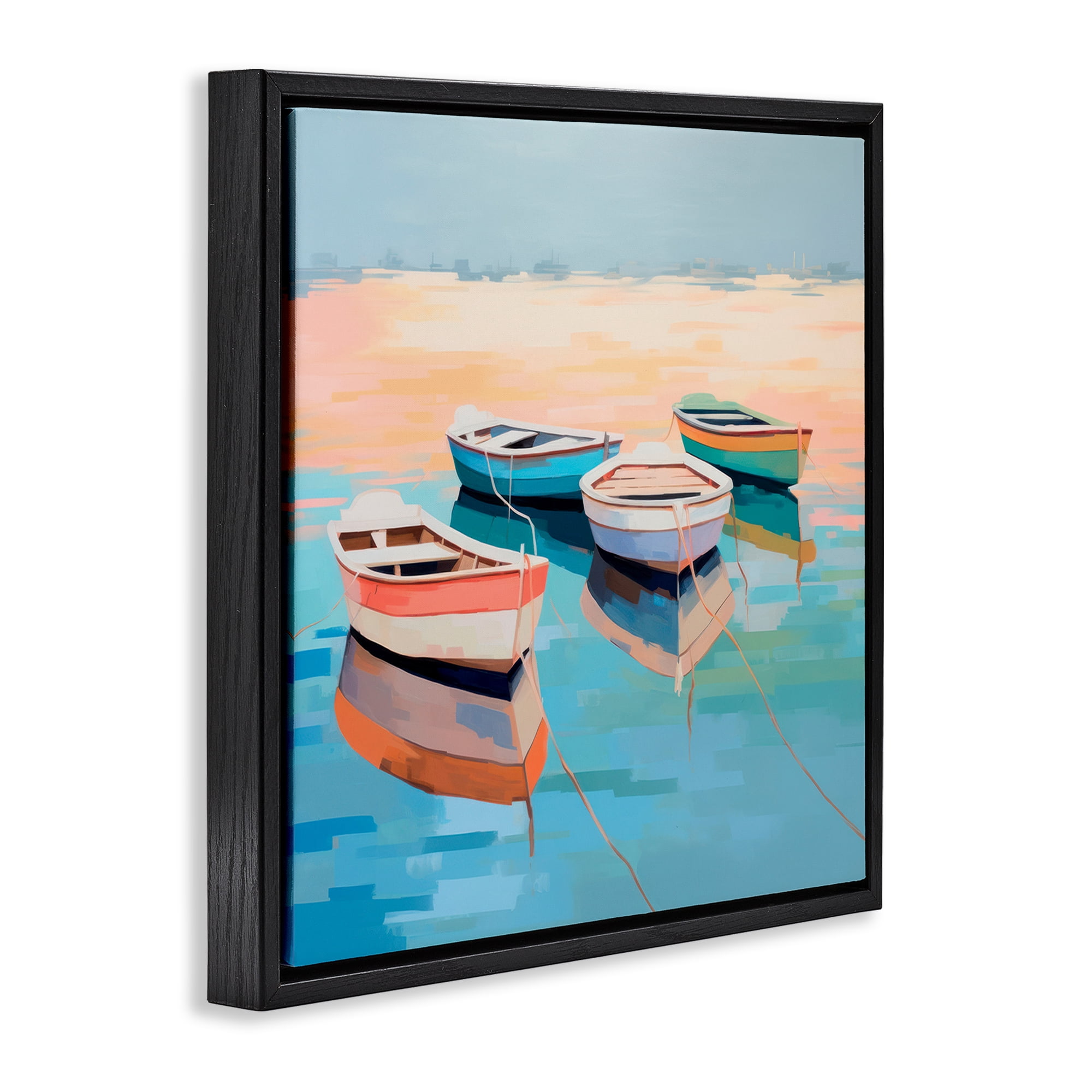 Stupell Industries Boat Reflection Shore Transportation Painting Black Floater Framed Canvas Art Print Wall Art, 18 x 18