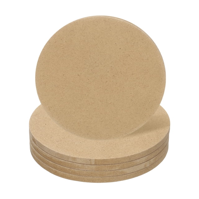 Uxcell 4pcs 4 Inch Wood Circles for Crafts, 0.2 Inch Thick Unfinished Blank Wooden Rounds Slice Cutouts. Four smooth, round basswood plywood slices are stacked, showcasing their blank, unfinished surfaces. Perfect for wood crafting, DIY decorations, wood burning, and art classes, these craft wood pieces are versatile for various projects.