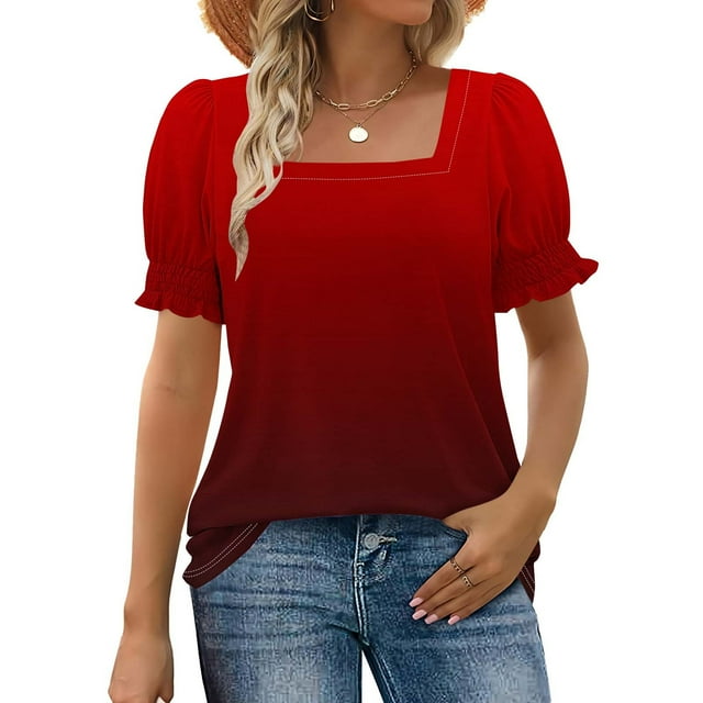 T-shirt pour Femmes Grande Taille Manches Courtes Col Carré Dégradé Imprimé Décontracté Ample Rouge TTG
