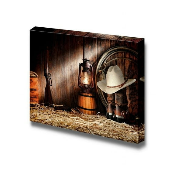 American West Rodeo Cowboy Gear with White Straw Hat ATOP Leather Boots Vintage Style - Canvas Art Wall Art - 12" x 18"